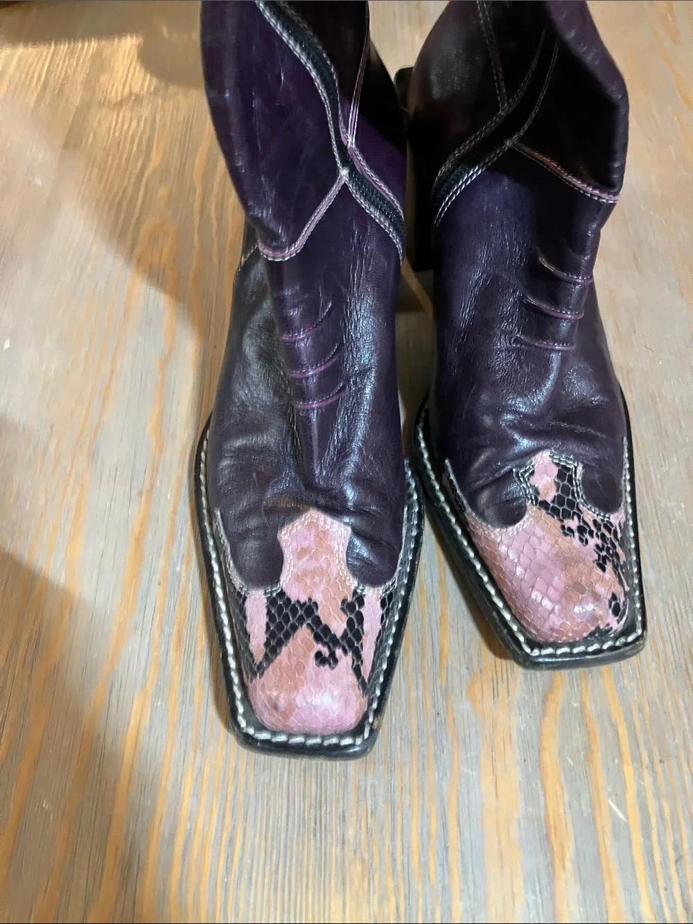 Women's Purple Leather Western Ankle Boots with Pink Snake-Print Toe